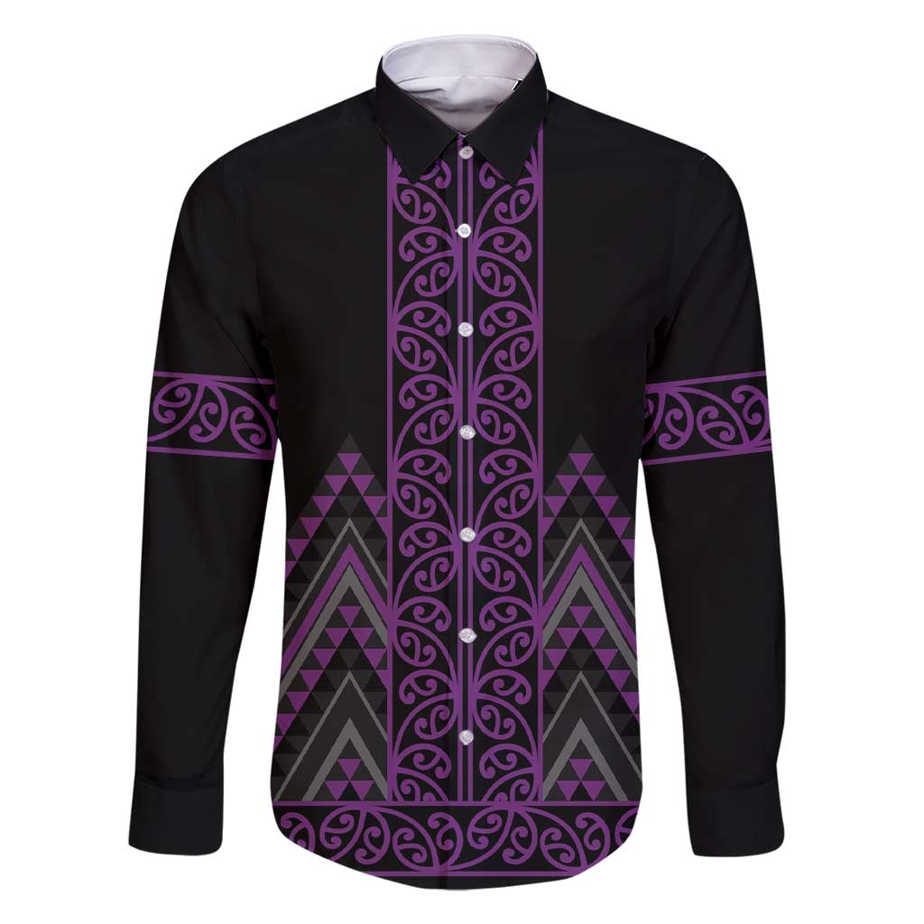 Purple Aotearoa Mangopare Kowhaiwhai and Niho Taniwha Family Matching Short Sleeve Bodycon Dress and Hawaiian Shirt Maori New Zealand LT14 Dad's Shirt - Long Sleeve Purple - Polynesian Pride