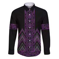 Purple Aotearoa Mangopare Kowhaiwhai and Niho Taniwha Family Matching Tank Maxi Dress and Hawaiian Shirt Maori New Zealand LT14 Dad's Shirt - Long Sleeve Purple - Polynesian Pride