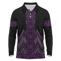 Purple Aotearoa Mangopare Kowhaiwhai and Niho Taniwha Long Sleeve Polo Shirt Maori New Zealand