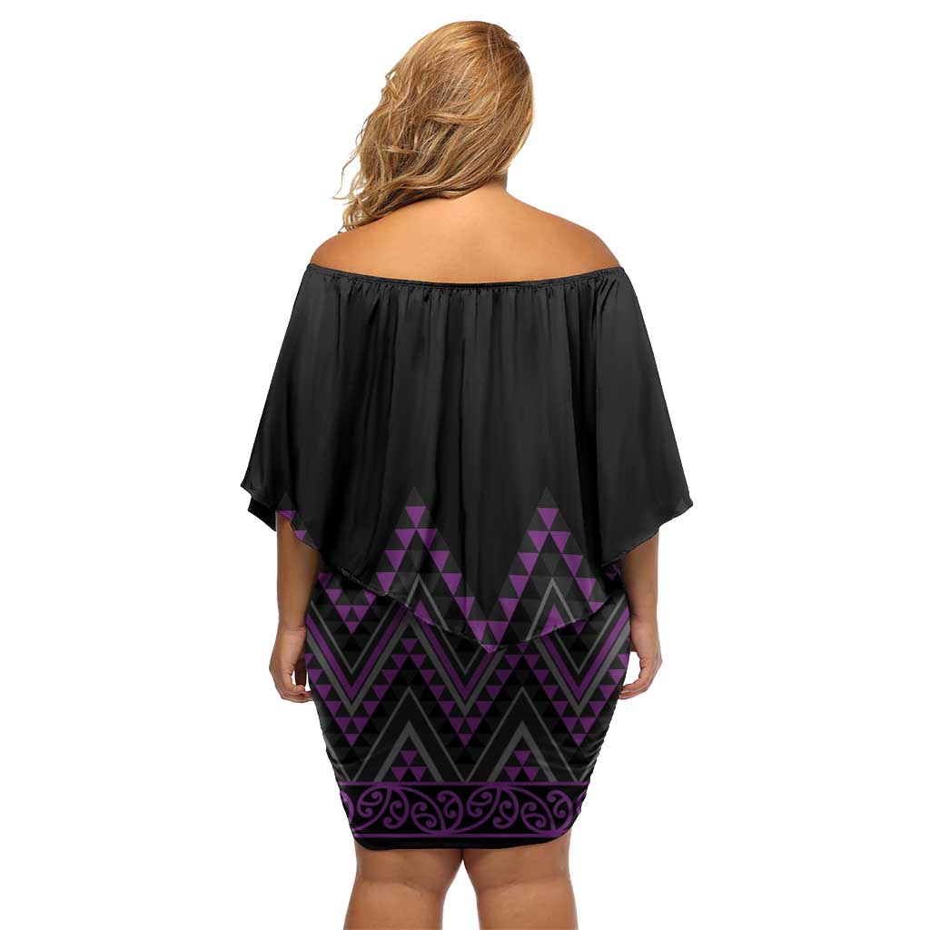 Purple Aotearoa Mangopare Kowhaiwhai and Niho Taniwha Off Shoulder Short Dress Maori New Zealand
