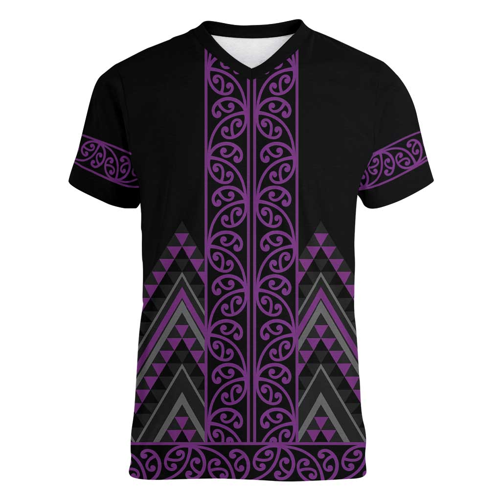 Purple Aotearoa Mangopare Kowhaiwhai and Niho Taniwha Women V-Neck T-Shirt Maori New Zealand LT14 Female Purple - Polynesian Pride