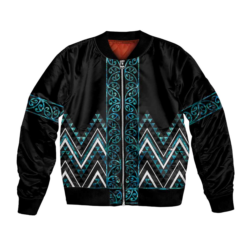 Paua Shell Aotearoa Mangopare Kowhaiwhai and Niho Taniwha Bomber Jacket Maori New Zealand LT14 Unisex Turquoise - Polynesian Pride