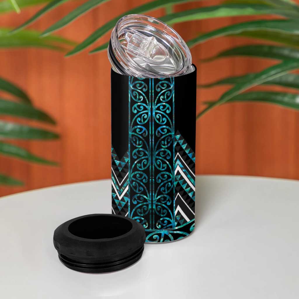 Paua Shell Aotearoa Mangopare Kowhaiwhai and Niho Taniwha 4 in 1 Can Cooler Tumbler Maori New Zealand