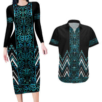 Paua Shell Aotearoa Mangopare Kowhaiwhai and Niho Taniwha Couples Matching Long Sleeve Bodycon Dress and Hawaiian Shirt Maori New Zealand LT14 Turquoise - Polynesian Pride