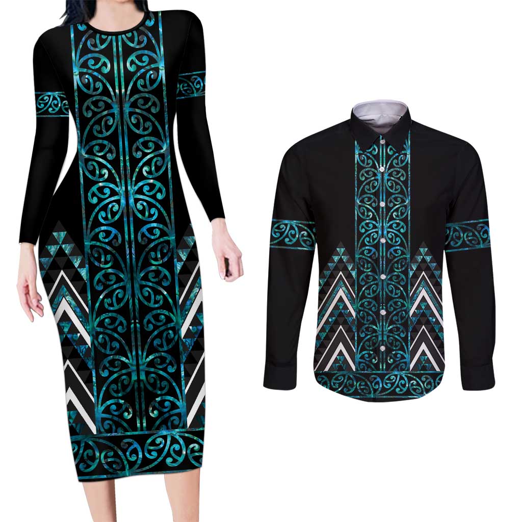 Paua Shell Aotearoa Mangopare Kowhaiwhai and Niho Taniwha Couples Matching Long Sleeve Bodycon Dress and Long Sleeve Button Shirt Maori New Zealand LT14 Turquoise - Polynesian Pride