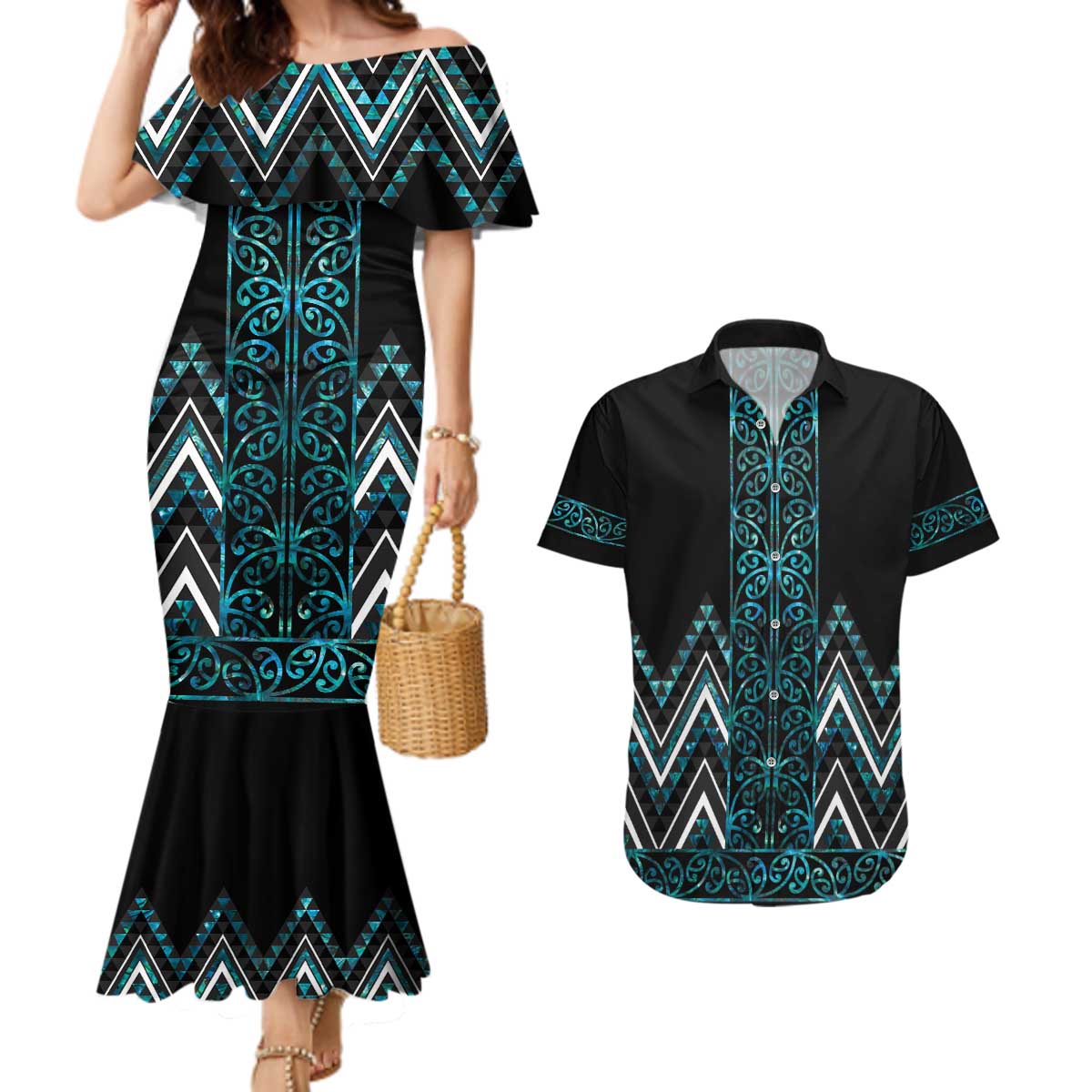 Paua Shell Aotearoa Mangopare Kowhaiwhai and Niho Taniwha Couples Matching Mermaid Dress and Hawaiian Shirt Maori New Zealand LT14 Turquoise - Polynesian Pride