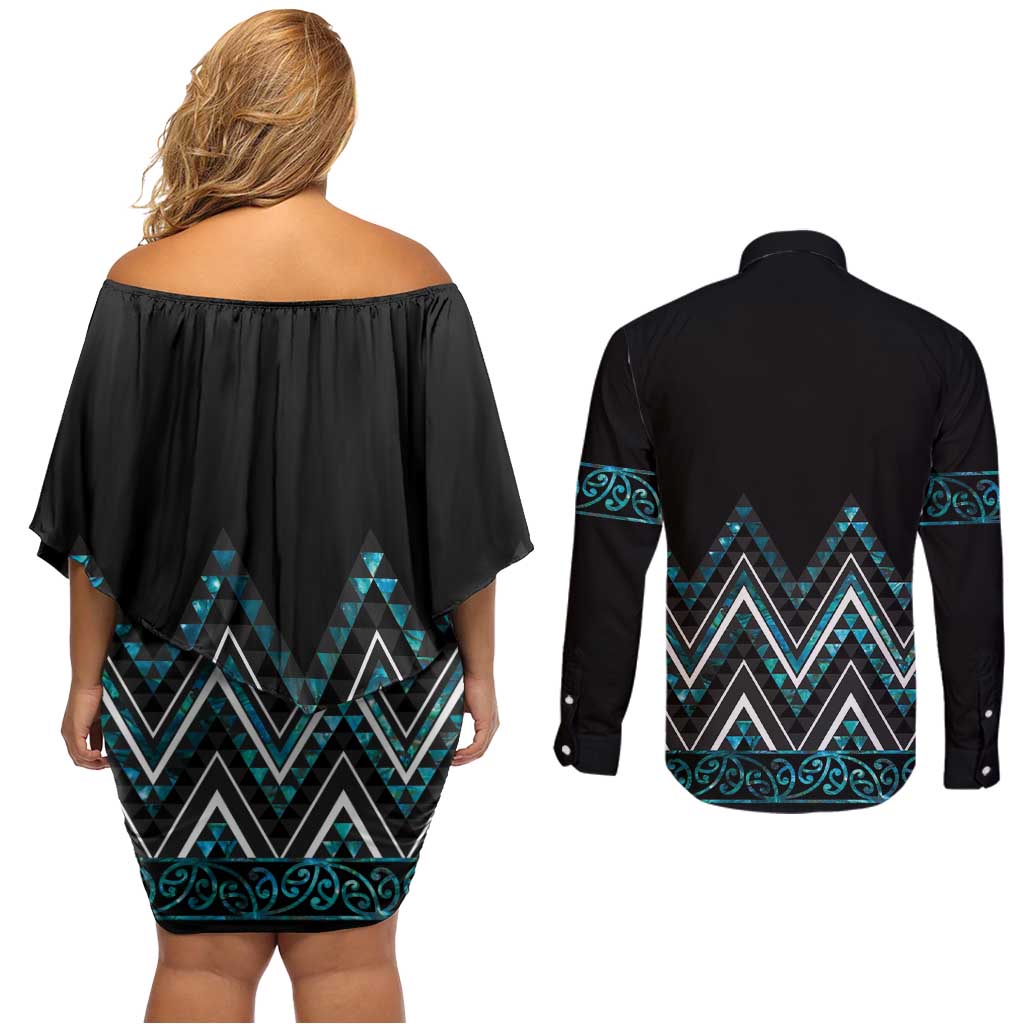 Paua Shell Aotearoa Mangopare Kowhaiwhai and Niho Taniwha Couples Matching Off Shoulder Short Dress and Long Sleeve Button Shirt Maori New Zealand LT14 - Polynesian Pride