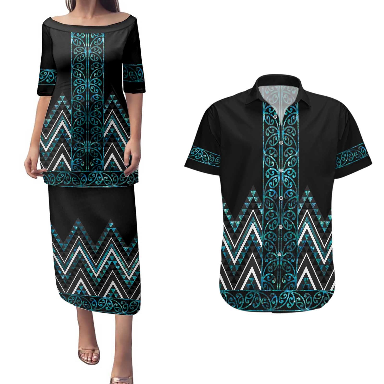 Paua Shell Aotearoa Mangopare Kowhaiwhai and Niho Taniwha Couples Matching Puletasi and Hawaiian Shirt Maori New Zealand LT14 Turquoise - Polynesian Pride
