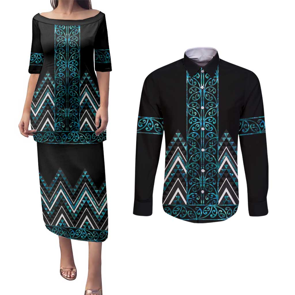 Paua Shell Aotearoa Mangopare Kowhaiwhai and Niho Taniwha Couples Matching Puletasi and Long Sleeve Button Shirt Maori New Zealand