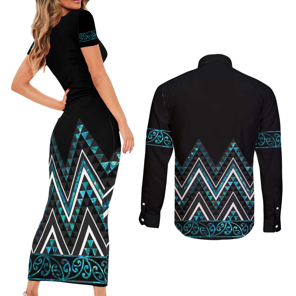 Paua Shell Aotearoa Mangopare Kowhaiwhai and Niho Taniwha Couples Matching Short Sleeve Bodycon Dress and Long Sleeve Button Shirt Maori New Zealand LT14 - Polynesian Pride