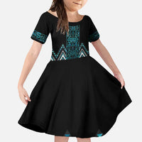 Paua Shell Aotearoa Mangopare Kowhaiwhai and Niho Taniwha Family Matching Long Sleeve Bodycon Dress and Hawaiian Shirt Maori New Zealand LT14 Daughter's Dress Turquoise - Polynesian Pride