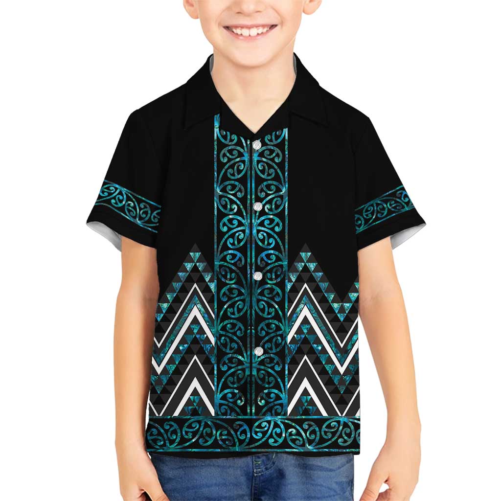 Paua Shell Aotearoa Mangopare Kowhaiwhai and Niho Taniwha Family Matching Long Sleeve Bodycon Dress and Hawaiian Shirt Maori New Zealand LT14 Son's Shirt Turquoise - Polynesian Pride