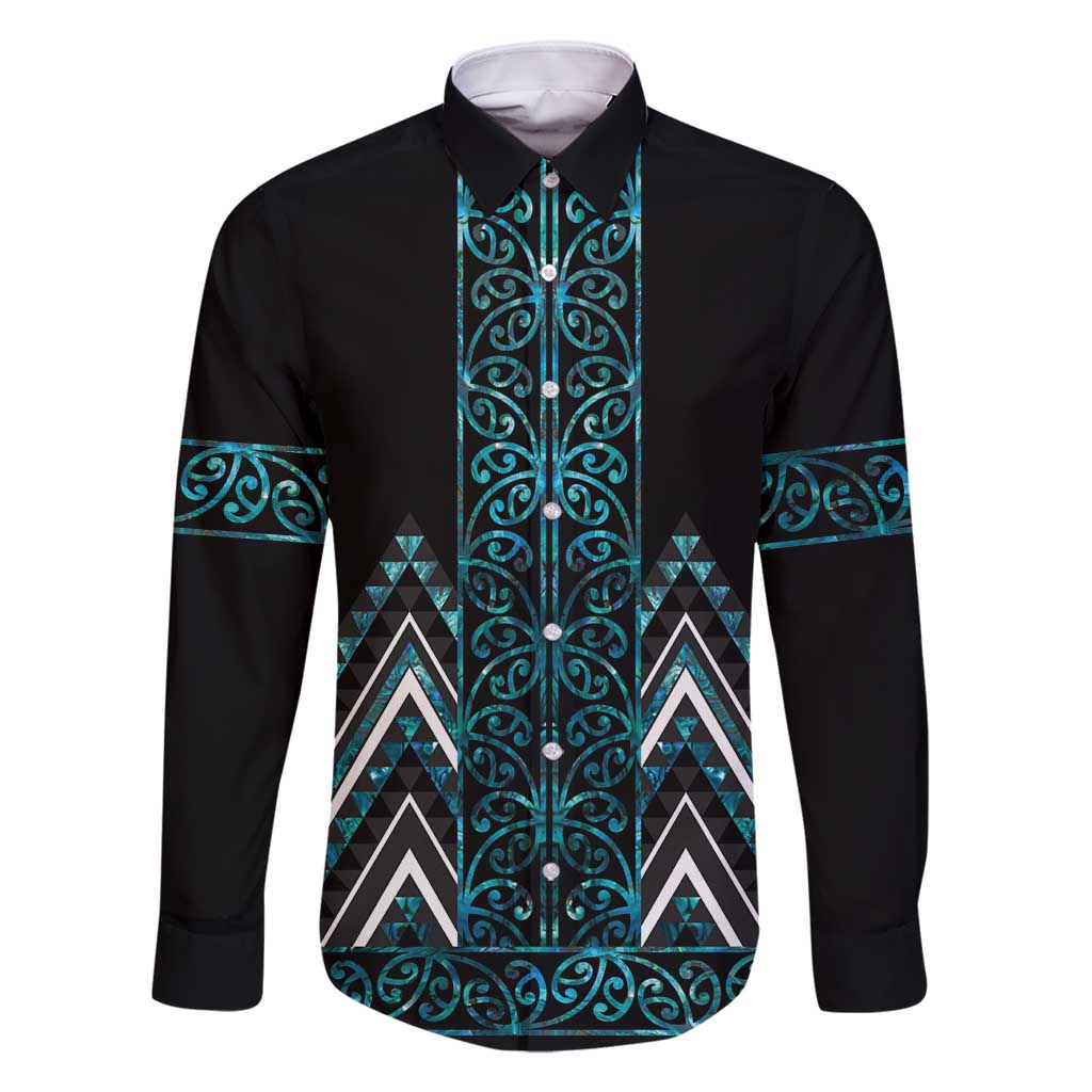 Paua Shell Aotearoa Mangopare Kowhaiwhai and Niho Taniwha Family Matching Mermaid Dress and Hawaiian Shirt Maori New Zealand LT14 Dad's Shirt - Long Sleeve Turquoise - Polynesian Pride