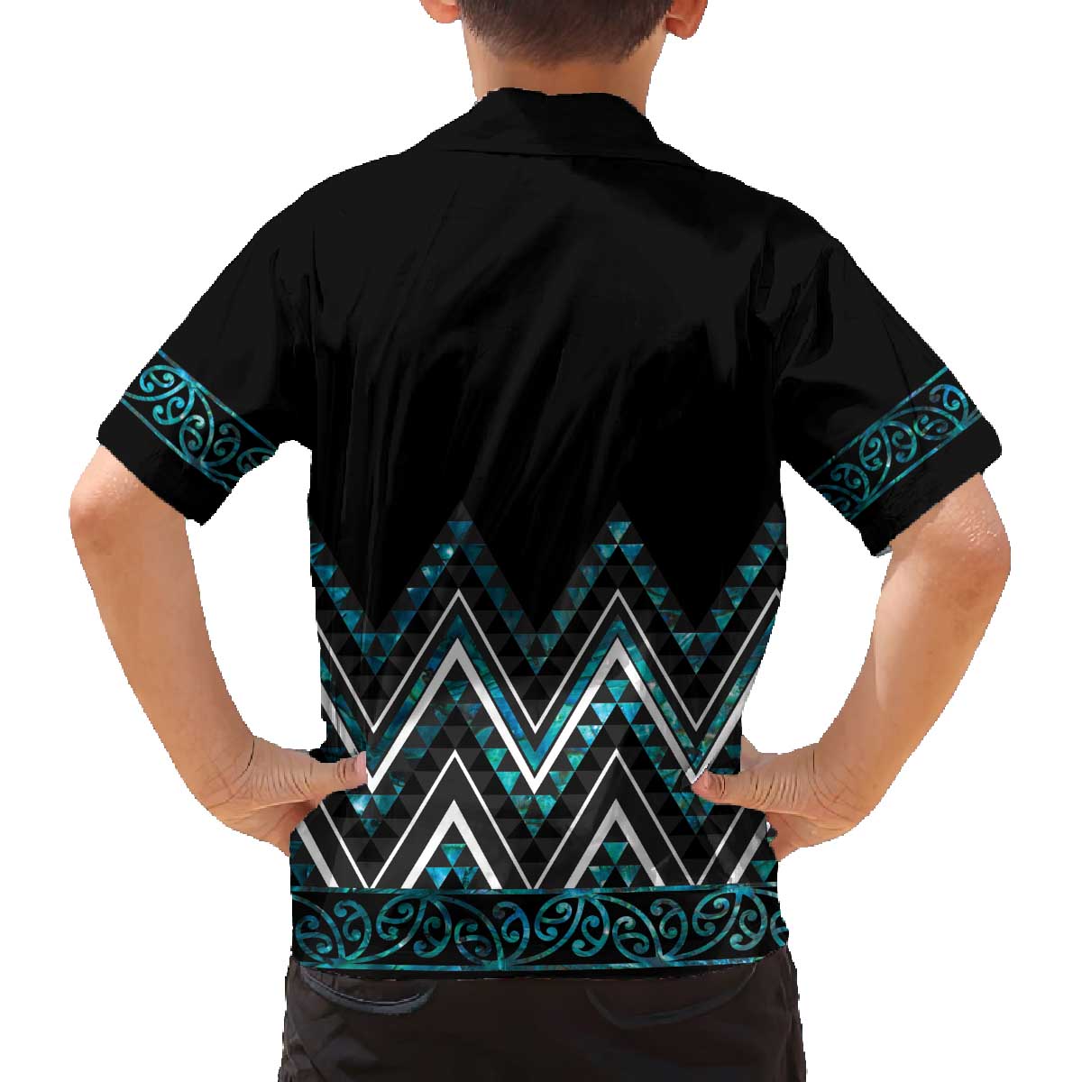 Paua Shell Aotearoa Mangopare Kowhaiwhai and Niho Taniwha Family Matching Off The Shoulder Long Sleeve Dress and Hawaiian Shirt Maori New Zealand