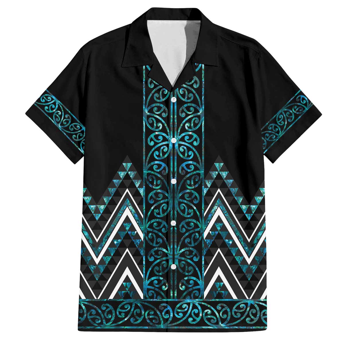 Paua Shell Aotearoa Mangopare Kowhaiwhai and Niho Taniwha Family Matching Off The Shoulder Long Sleeve Dress and Hawaiian Shirt Maori New Zealand
