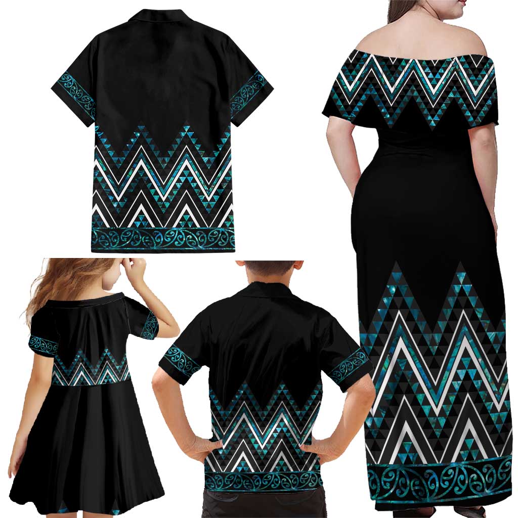 Paua Shell Aotearoa Mangopare Kowhaiwhai and Niho Taniwha Family Matching Off Shoulder Maxi Dress and Hawaiian Shirt Maori New Zealand