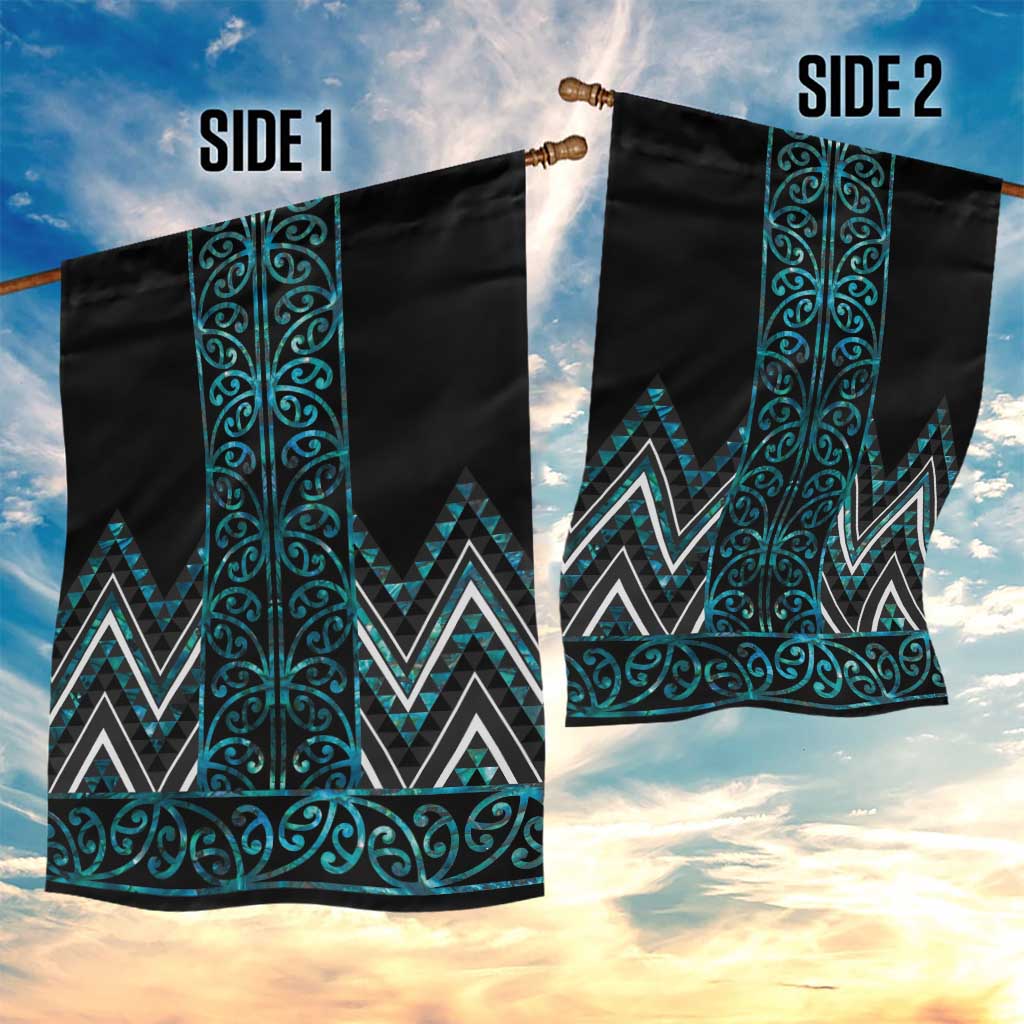 Paua Shell Aotearoa Mangopare Kowhaiwhai and Niho Taniwha Garden Flag Maori New Zealand