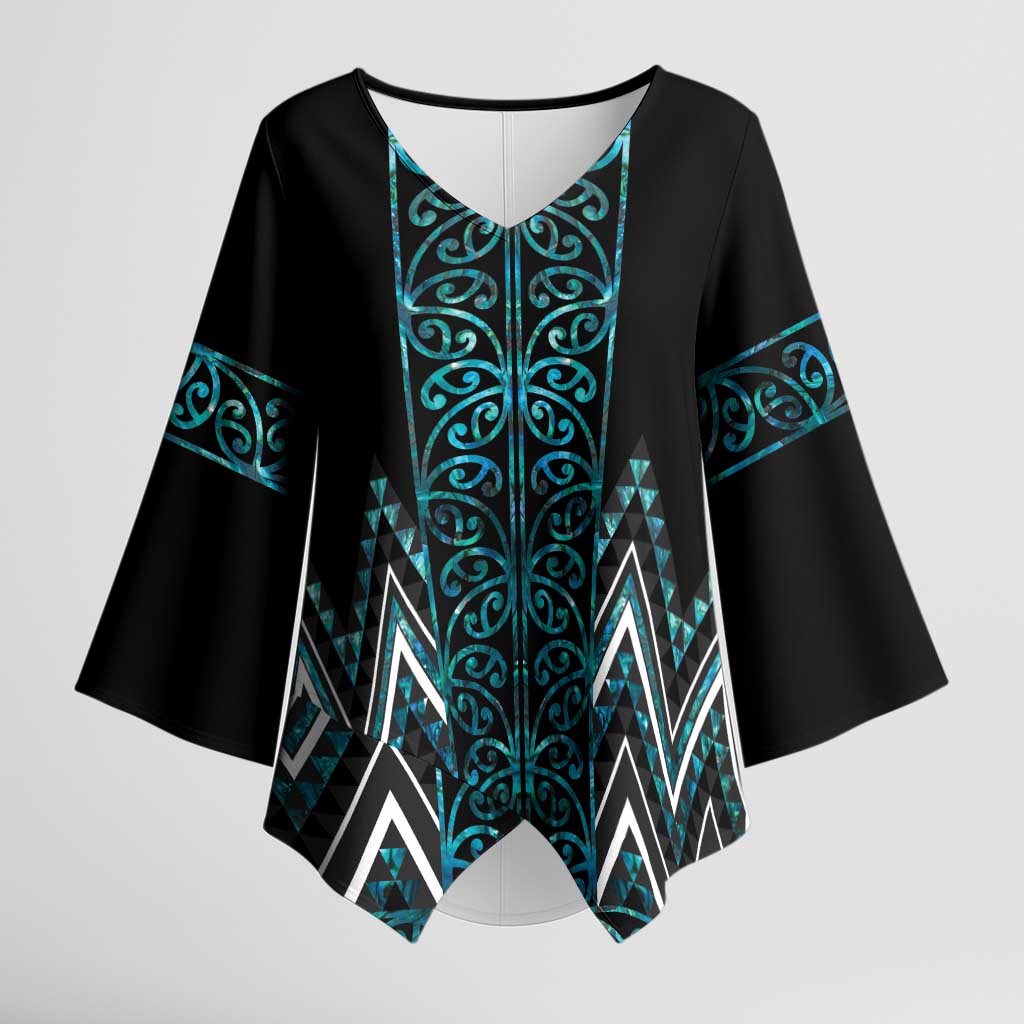 Paua Shell Aotearoa Mangopare Kowhaiwhai Niho Taniwha Kimono Sleeve Blouse Maori New Zealand - Polynesian Pride