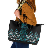 Paua Shell Aotearoa Mangopare Kowhaiwhai and Niho Taniwha Leather Tote Bag Maori New Zealand LT14 Turquoise - Polynesian Pride