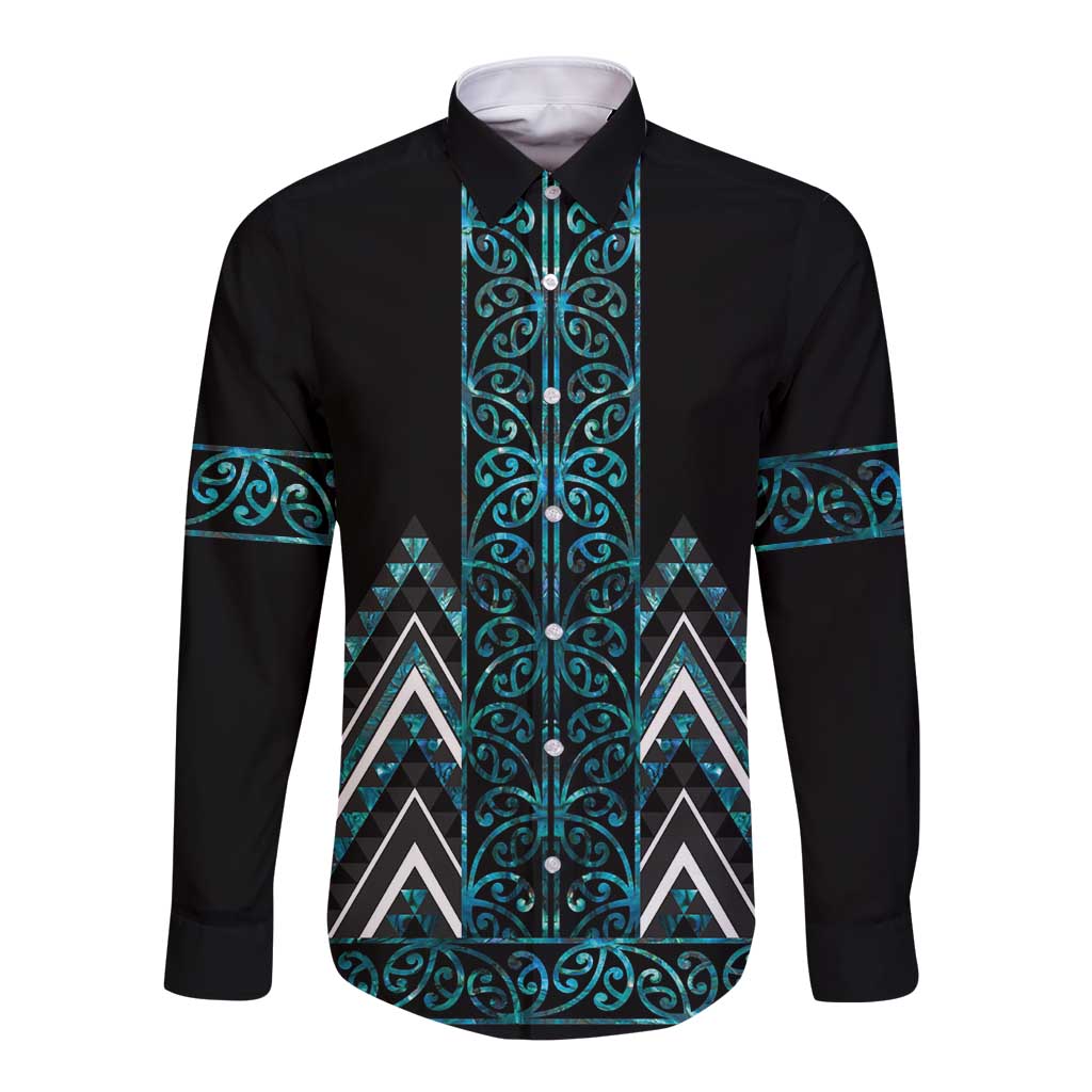 Paua Shell Aotearoa Mangopare Kowhaiwhai and Niho Taniwha Long Sleeve Button Shirt Maori New Zealand LT14 Unisex Turquoise - Polynesian Pride
