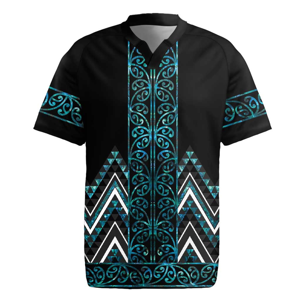 Paua Shell Aotearoa Mangopare Kowhaiwhai and Niho Taniwha Rugby Jersey Maori New Zealand