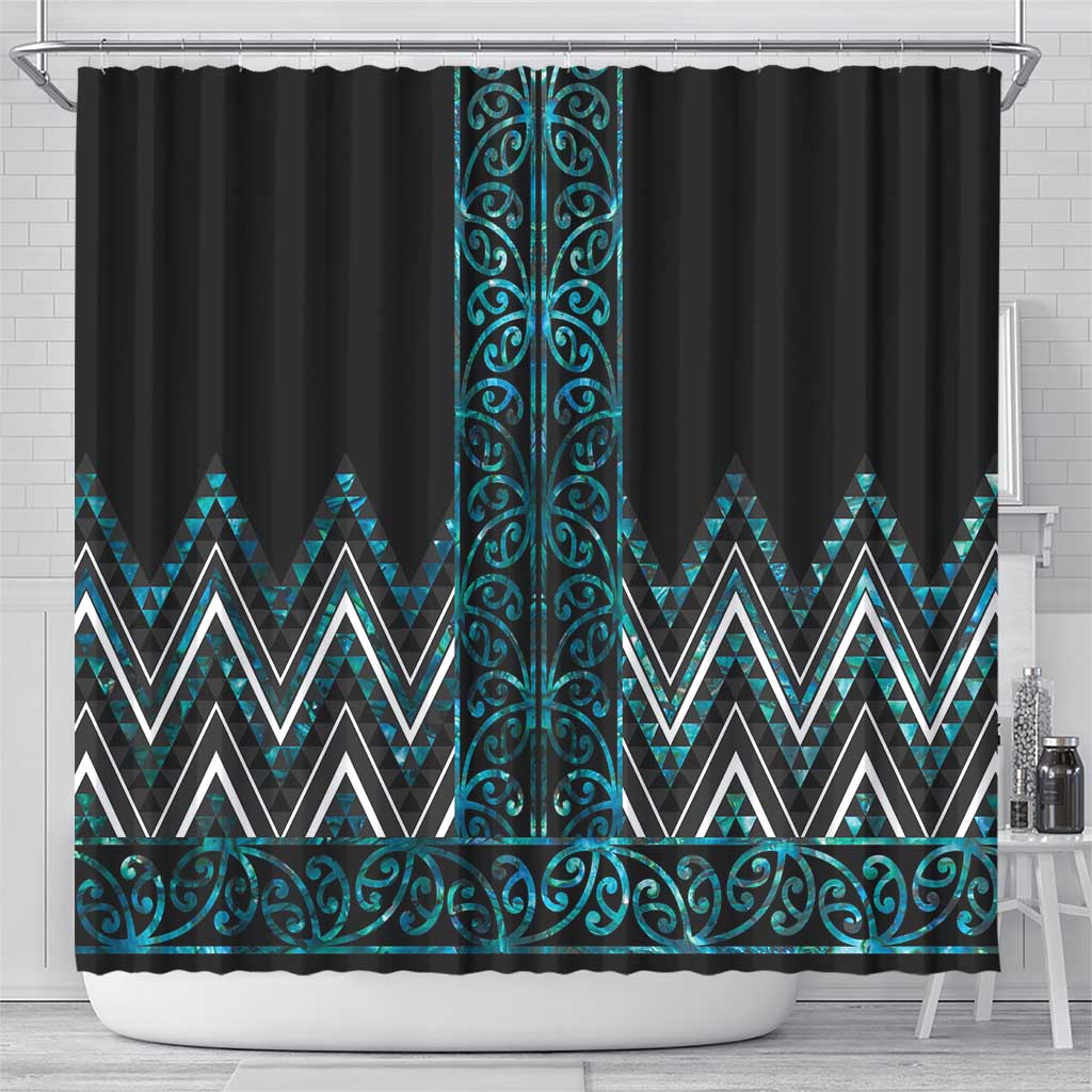 Paua Shell Aotearoa Mangopare Kowhaiwhai and Niho Taniwha Shower Curtain Maori New Zealand