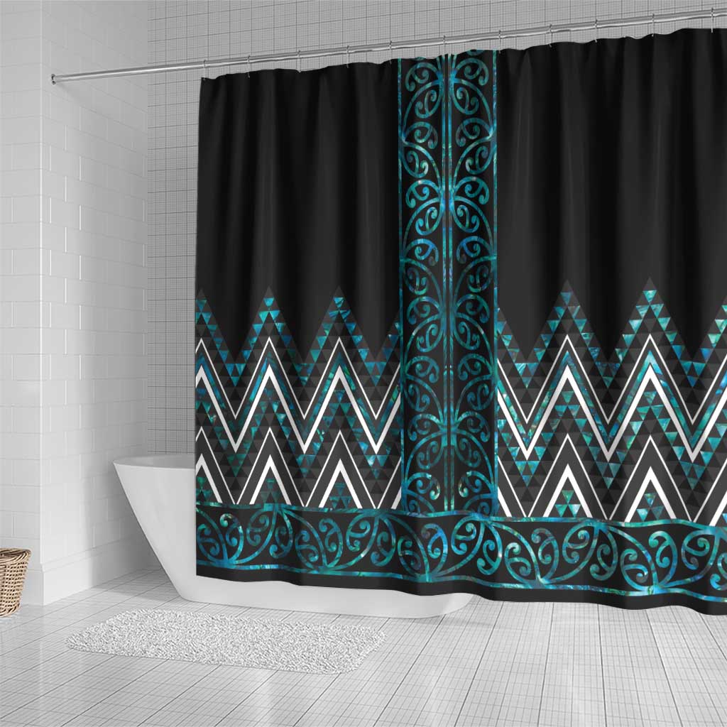 Paua Shell Aotearoa Mangopare Kowhaiwhai and Niho Taniwha Shower Curtain Maori New Zealand