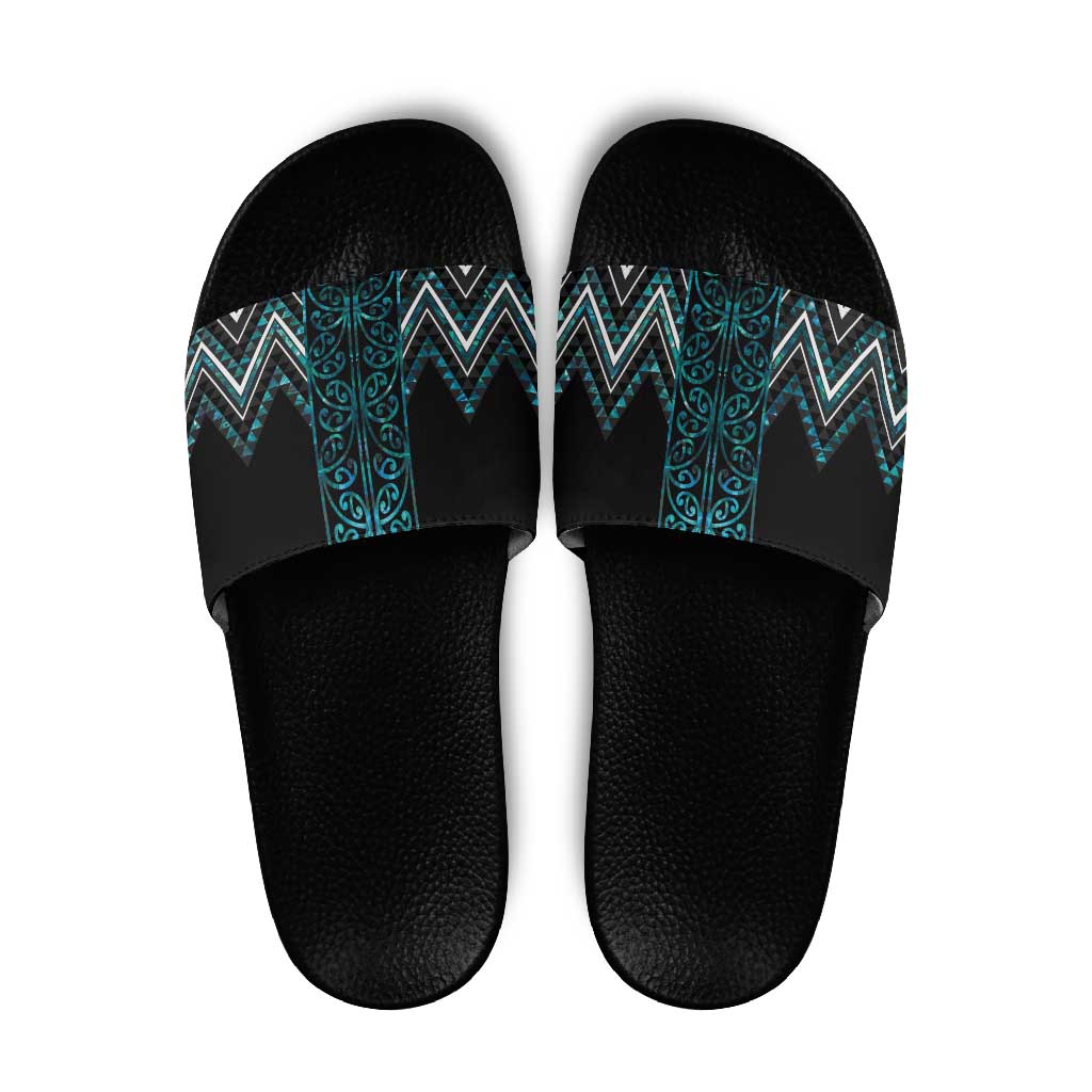 Paua Shell Aotearoa Mangopare Kowhaiwhai Niho Taniwha Slide Sandals Maori New Zealand LT14 Turquoise - Polynesian Pride
