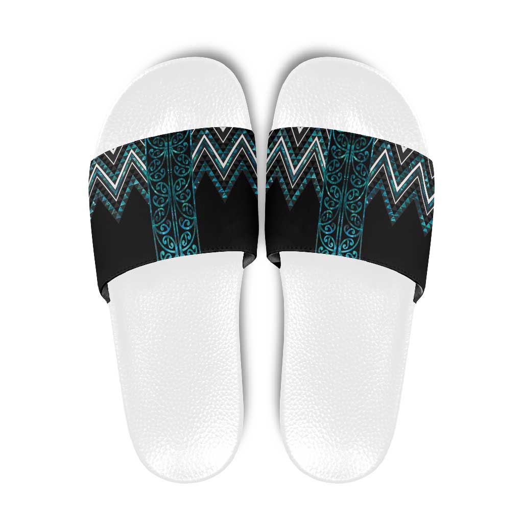 Paua Shell Aotearoa Mangopare Kowhaiwhai Niho Taniwha Slide Sandals Maori New Zealand LT14 Turquoise - Polynesian Pride