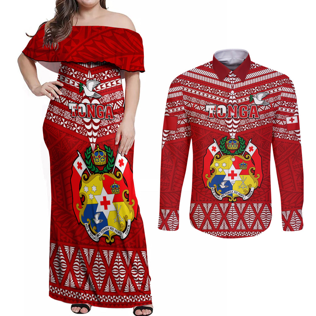Tonga Rugby Couples Matching Off Shoulder Maxi Dress and Long Sleeve Button Shirts 2023 World Cup Tongan Kupesi Ngatu Pattern LT14 Red - Polynesian Pride