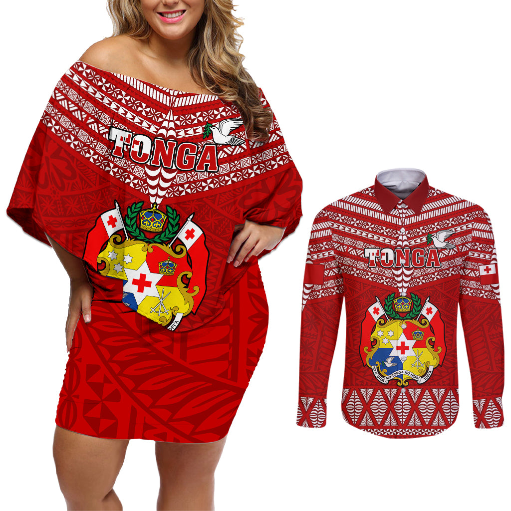 Tonga Rugby Couples Matching Off Shoulder Short Dress and Long Sleeve Button Shirts 2023 World Cup Tongan Kupesi Ngatu Pattern LT14 Red - Polynesian Pride