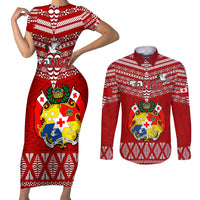 Tonga Rugby Couples Matching Short Sleeve Bodycon Dress and Long Sleeve Button Shirts 2023 World Cup Tongan Kupesi Ngatu Pattern LT14 Red - Polynesian Pride