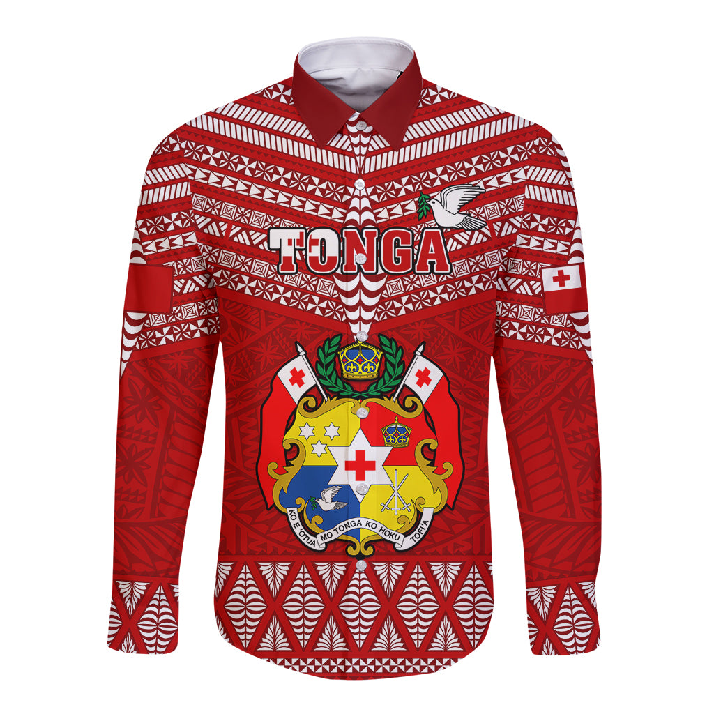 Tonga Rugby Long Sleeve Button Shirt 2023 World Cup Tongan Kupesi Ngatu Pattern LT14 Unisex Red - Polynesian Pride