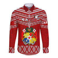 Tonga Rugby Long Sleeve Button Shirt 2023 World Cup Tongan Kupesi Ngatu Pattern LT14 Unisex Red - Polynesian Pride