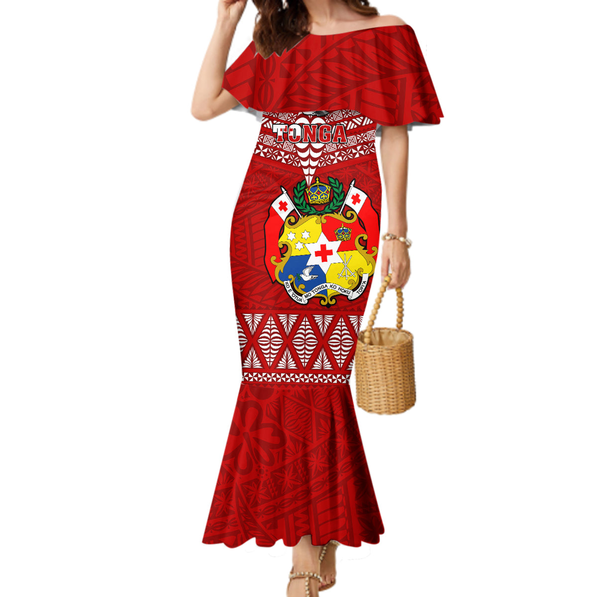 Tonga Rugby Mermaid Dress 2023 World Cup Tongan Kupesi Ngatu Pattern LT14 Women Red - Polynesian Pride