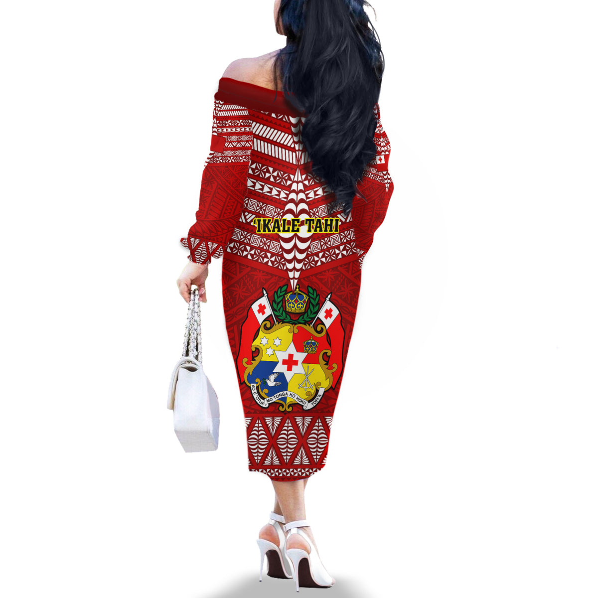 Tonga Rugby Off The Shoulder Long Sleeve Dress 2023 World Cup Tongan Kupesi Ngatu Pattern LT14 - Polynesian Pride