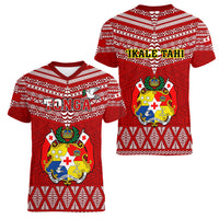 Tonga Rugby Women V Neck T Shirt 2023 World Cup Tongan Kupesi Ngatu Pattern LT14 - Polynesian Pride