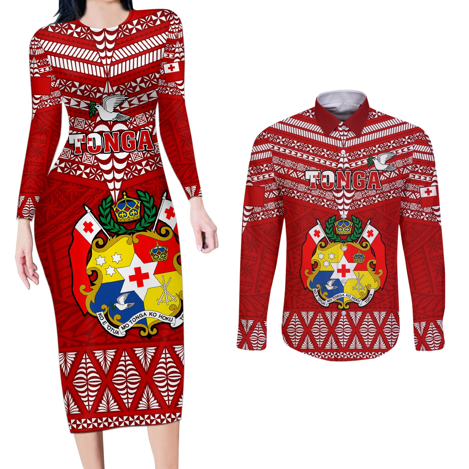 Custom Tonga Rugby Couples Matching Long Sleeve Bodycon Dress and Long Sleeve Button Shirts 2023 World Cup Tongan Kupesi Ngatu Pattern LT14 Red - Polynesian Pride