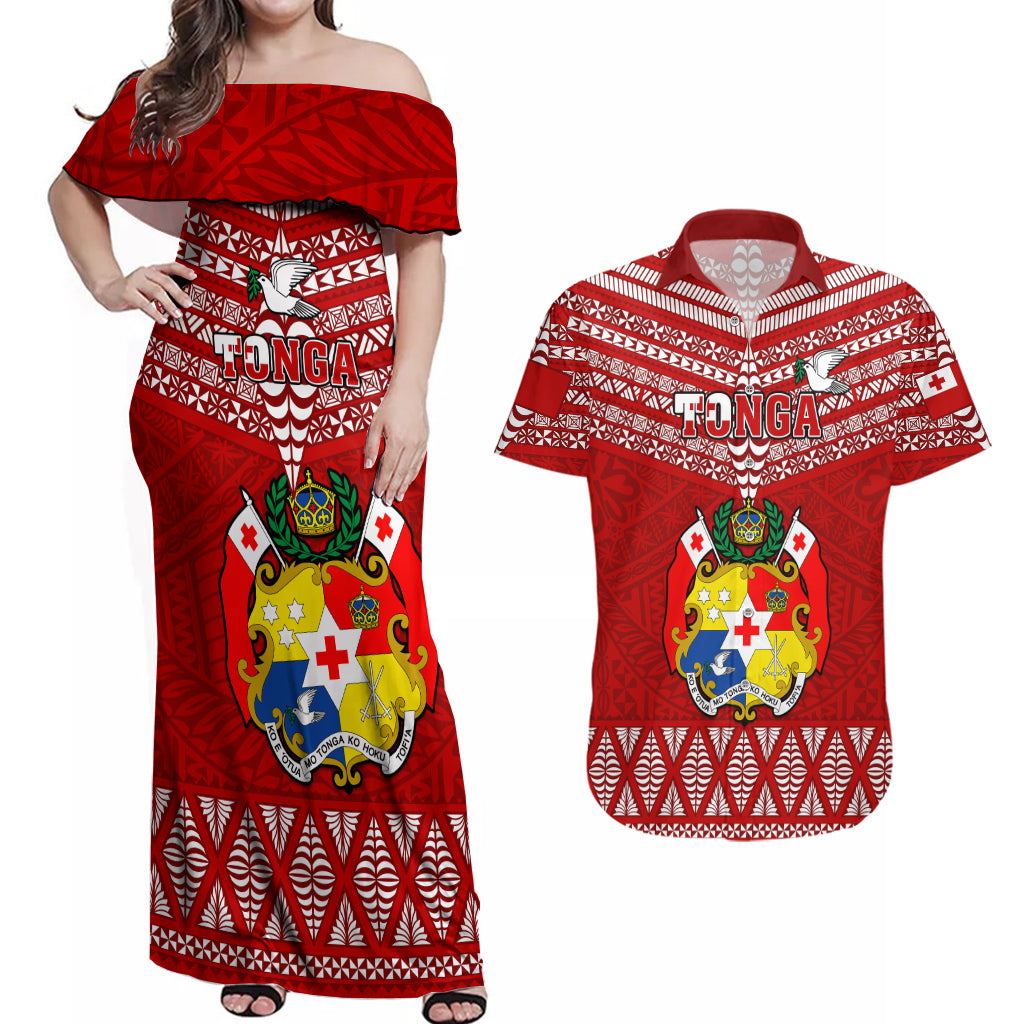 Custom Tonga Rugby Couples Matching Off Shoulder Maxi Dress and Hawaiian Shirt 2023 World Cup Tongan Kupesi Ngatu Pattern LT14 Red - Polynesian Pride