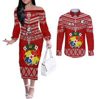 Custom Tonga Rugby Couples Matching Off The Shoulder Long Sleeve Dress and Long Sleeve Button Shirts 2023 World Cup Tongan Kupesi Ngatu Pattern LT14 Red - Polynesian Pride