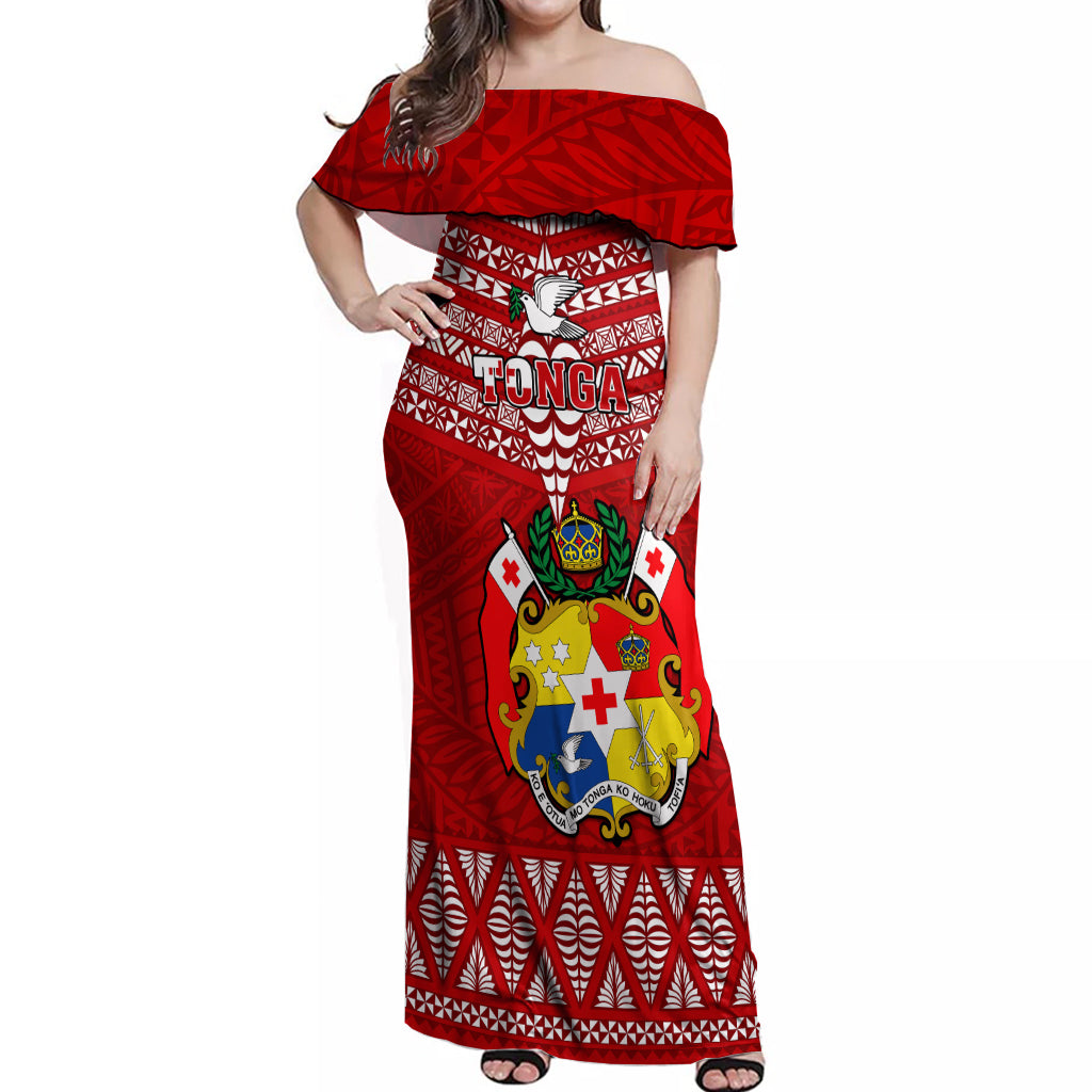 Custom Tonga Rugby Off Shoulder Maxi Dress 2023 World Cup Tongan Kupesi Ngatu Pattern LT14 Women Red - Polynesian Pride