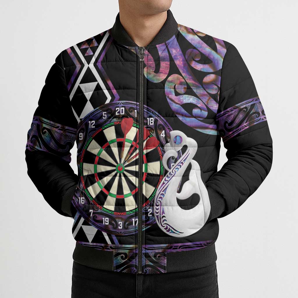 Personalised New Zealand Darts Bomber Puffer Jacket Ngutukaka Manaia Taniko Luxury Purple - Polynesian Pride