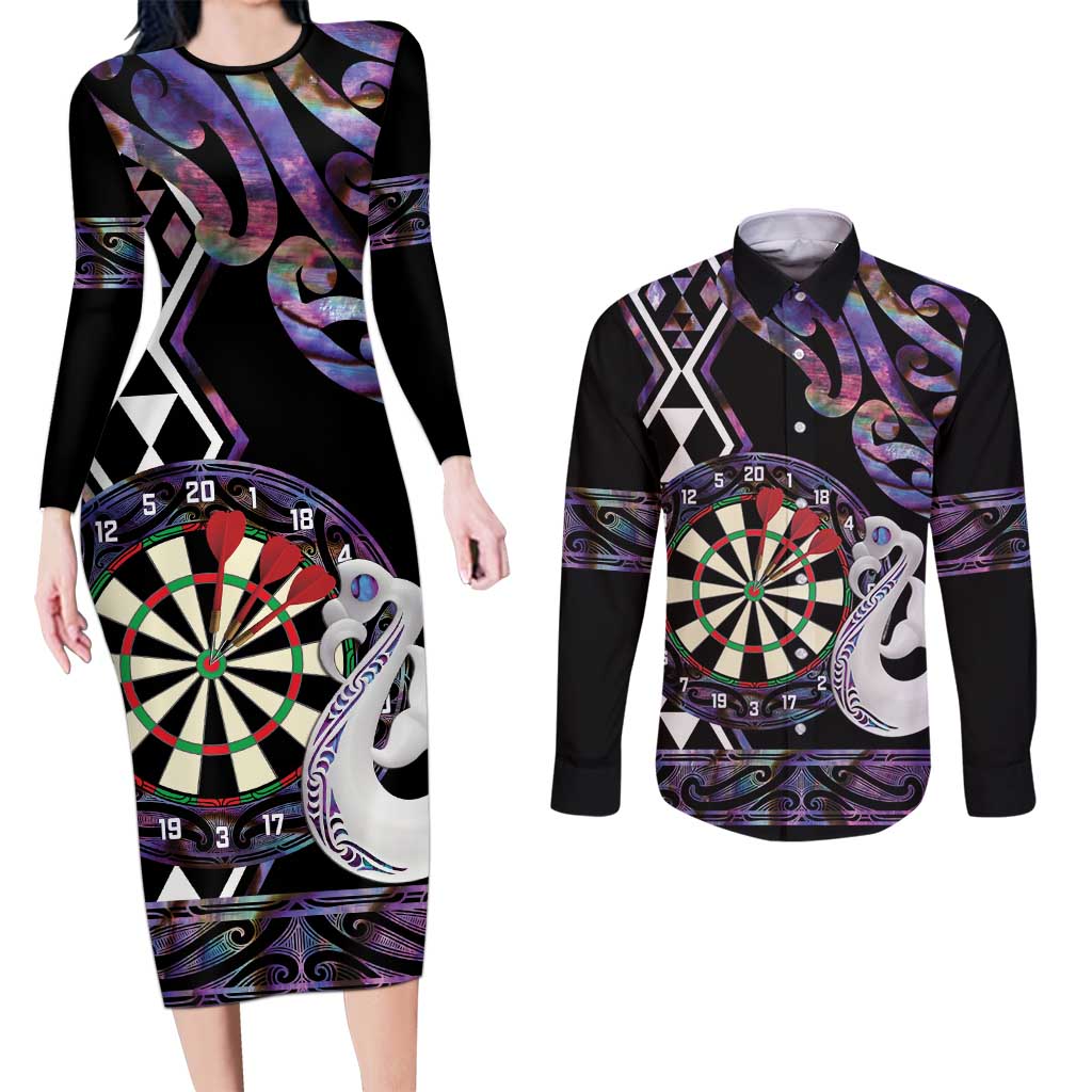 Personalised New Zealand Darts Couples Matching Long Sleeve Bodycon Dress and Long Sleeve Button Shirt Ngutukaka Manaia Taniko Luxury Purple - Polynesian Pride