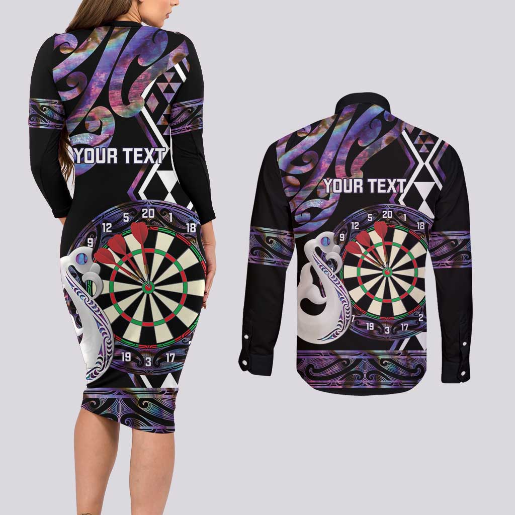 Personalised New Zealand Darts Couples Matching Long Sleeve Bodycon Dress and Long Sleeve Button Shirt Ngutukaka Manaia Taniko Luxury Purple - Polynesian Pride