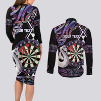 Personalised New Zealand Darts Couples Matching Long Sleeve Bodycon Dress and Long Sleeve Button Shirt Ngutukaka Manaia Taniko Luxury Purple - Polynesian Pride