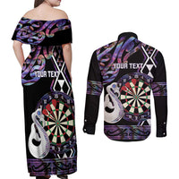 Personalised New Zealand Darts Couples Matching Off Shoulder Maxi Dress and Long Sleeve Button Shirt Ngutukaka Manaia Taniko Luxury Purple - Polynesian Pride