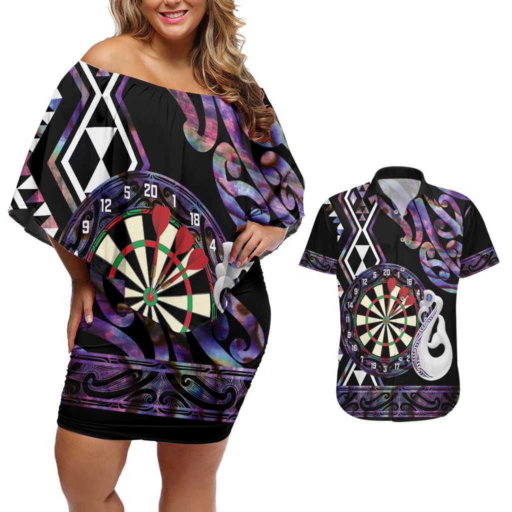 Personalised New Zealand Darts Couples Matching Off Shoulder Short Dress and Hawaiian Shirt Ngutukaka Manaia Taniko Luxury Purple - Polynesian Pride