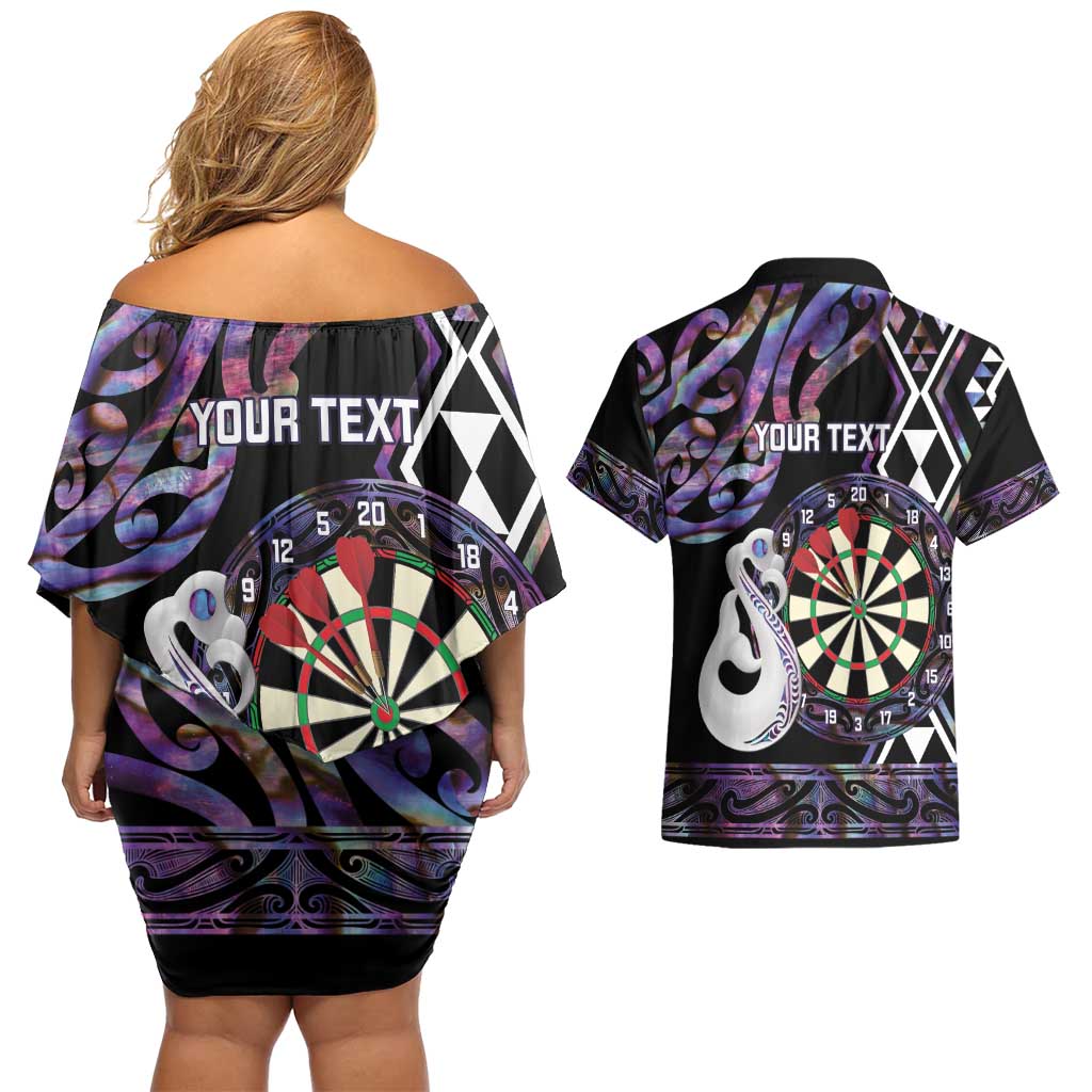 Personalised New Zealand Darts Couples Matching Off Shoulder Short Dress and Hawaiian Shirt Ngutukaka Manaia Taniko Luxury Purple - Polynesian Pride