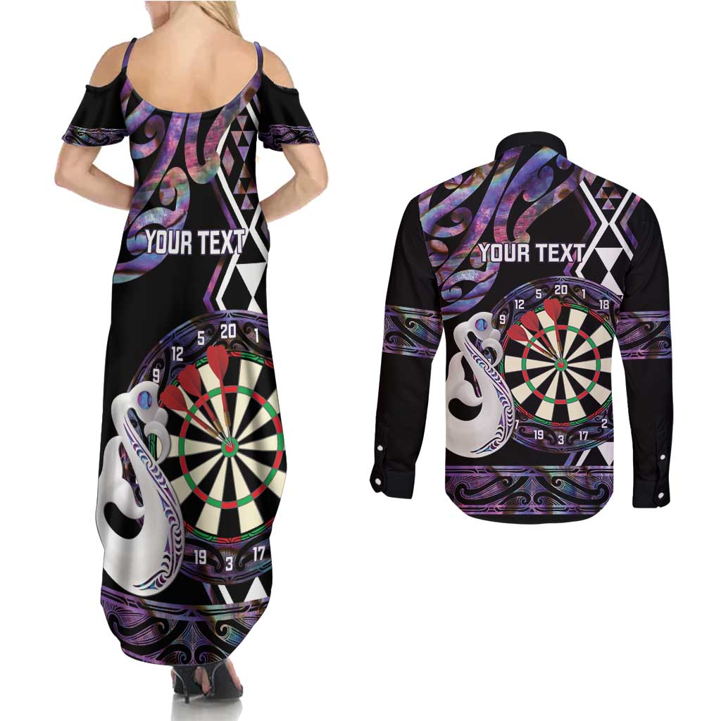 Personalised New Zealand Darts Couples Matching Summer Maxi Dress and Long Sleeve Button Shirt Ngutukaka Manaia Taniko Luxury Purple - Polynesian Pride