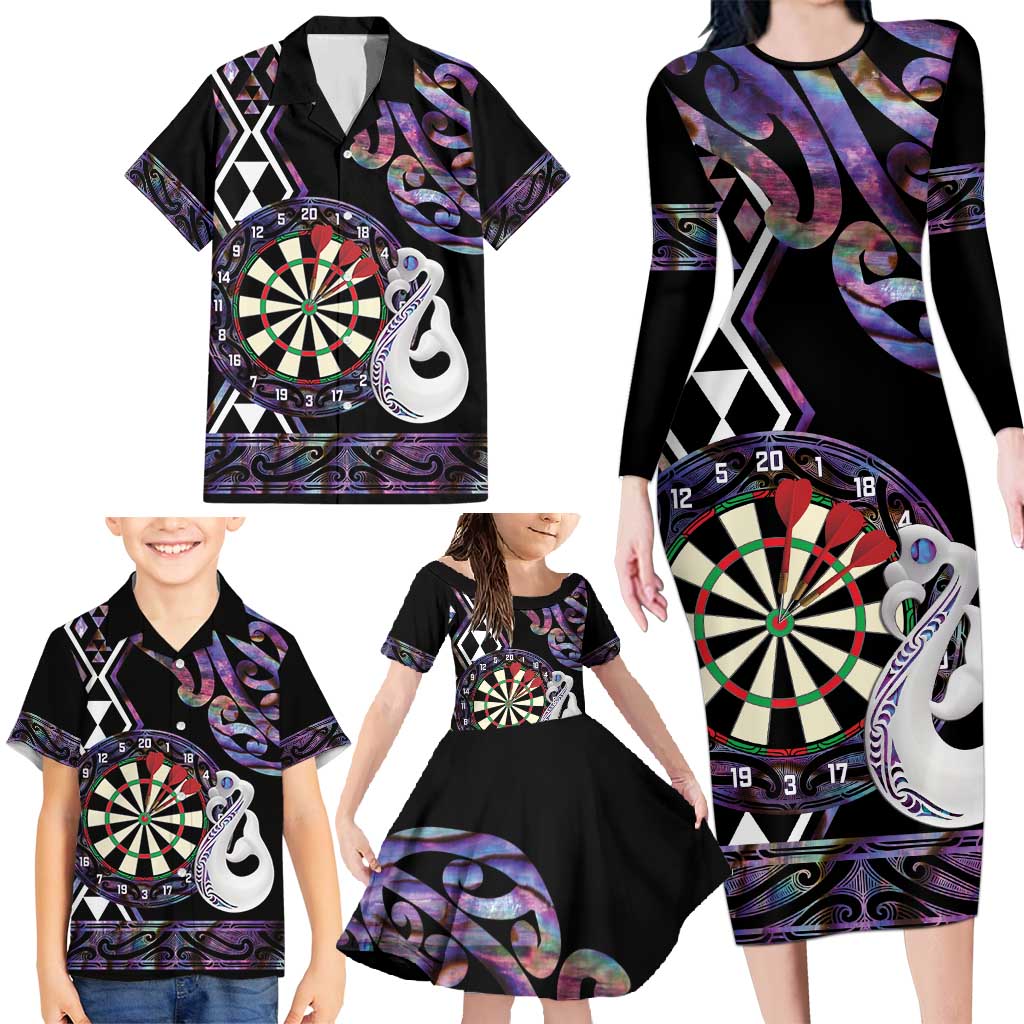 Personalised New Zealand Darts Family Matching Long Sleeve Bodycon Dress and Hawaiian Shirt Ngutukaka Manaia Taniko Luxury Purple - Polynesian Pride